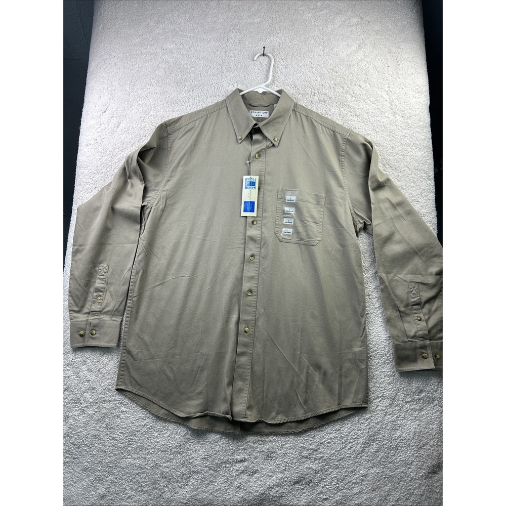 Covington Men's Long Sleeve Button Up Work Shirt Sz. L Pocket Khaki Heavy Cotton